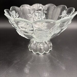 Vtg Imperlux Crystal Compote Centerpiece Bowl Clear Frosted Roses 1950s Bohemian